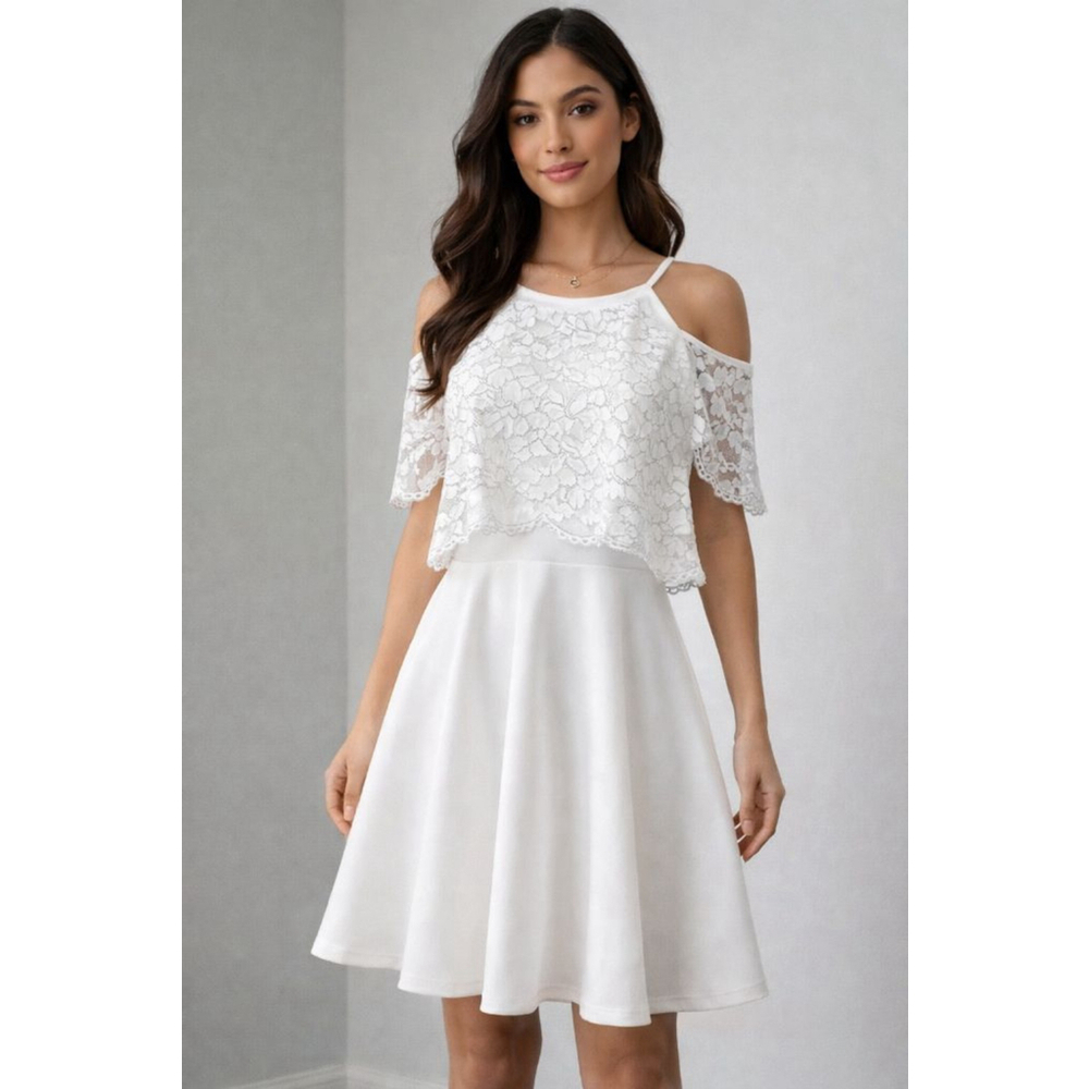 White Lace Cold Shoulder Fit & Flare Midi Dress | Size 8/10